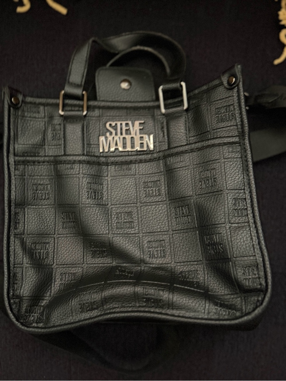 Steve Madden Black Embossed Leather Messenger Bag